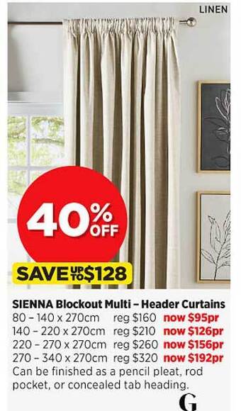 Sienna blockout multi-header curtains