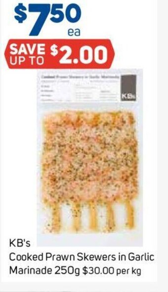 Foodland KB's Cooked Prawn Skewers in Garlic Marinade 250g. offer