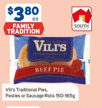 Foodland Vili's Traditional Pies,Pasties or Sausage Rolls 150-165g offer