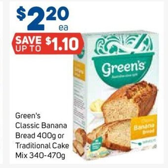 Foodland Green's Classic Banana Bread 400g or Traditional Cake Mix 340-470g offer