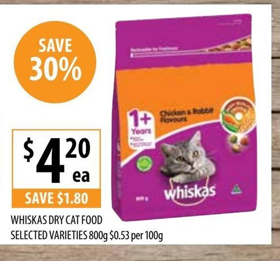 Whiskas Dry Cat Food Selected varieties 800g 0.53 per 100g offer at