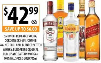 Smirnoff Red Label Vodka, Gordons Dry Gin, Johnnie Walker Red Label Blended Scotch Whisky