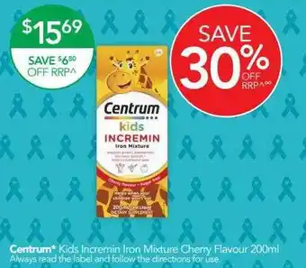 Terry White Centrum kids incremin iron mixture cherry flavour 200ml offer