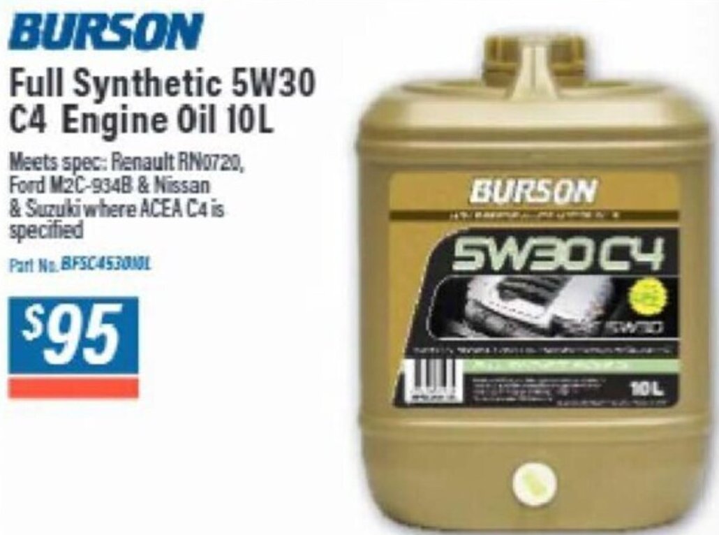 Burson Full Synthetic 5W30 C4 Engine Oil 10L offer at Burson Auto Parts