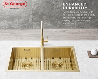 Harvey Norman St George 'Bexley' 760mm Double Bowl Sink - Brushed Brass offer
