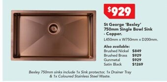 St George Bexley' 750mm Single Bowl Sink - Copper