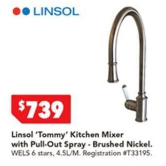 Harvey Norman Linsol 'Tommy' Kitchen Mixer with Pull- Out Spray - Brushed Nickel offer