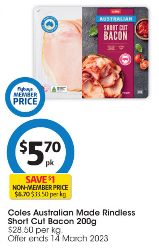 Coles Australian Made Rindless Short Cut Bacon 200g offer at Coles