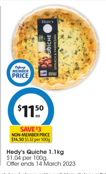 Coles Hedy's Quiche 1.1kg offer