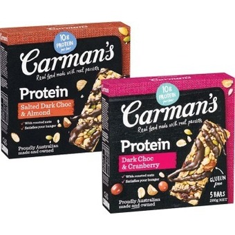 Woolworths Carman’s protein bars 150-200g pk 5 offer