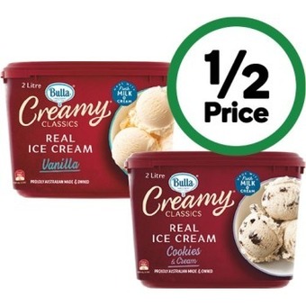 Woolworths Bulla creamy classics ice cream tub 2 litre – from the freezer offer