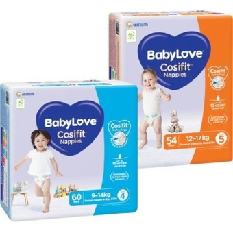 Woolworths Babylove cosifit jumbo nappies pk 54-76 offer