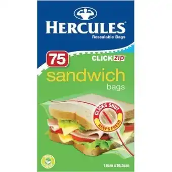Woolworths Hercules click zip resealable sandwich bags pk 75 offer