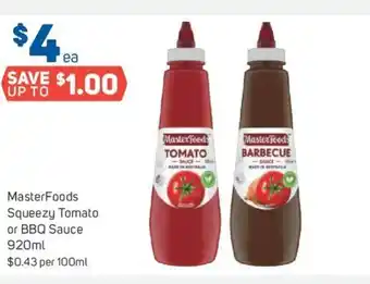 Foodland Master Foods Squeezy Tomato or BBQ Sauce 920 ml. offer