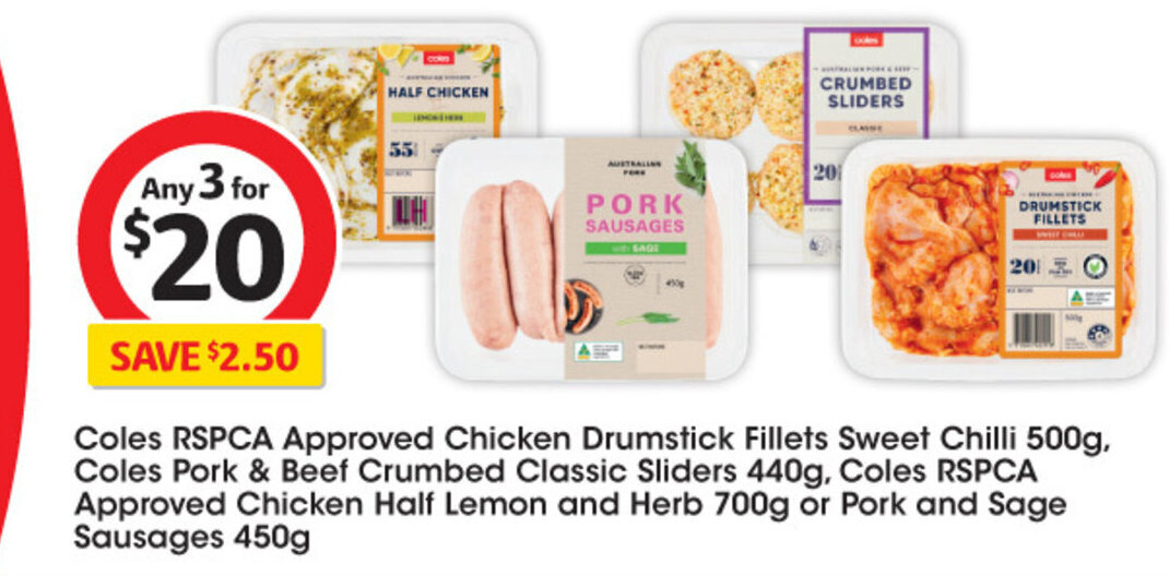 Coles RSPCA Approved Chicken Drumstick Fillets Sweet Chili 500g offer