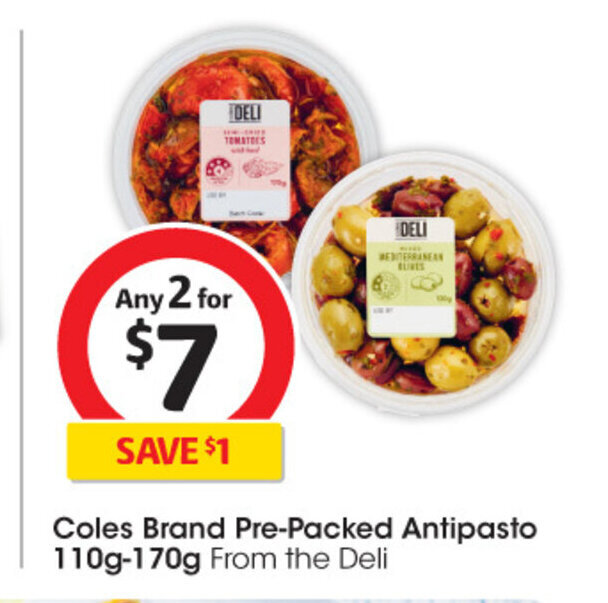 Coles Brand PrePacked Antipasto 110g170g offer at Coles