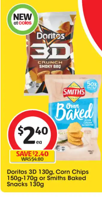 Coles Doritos 3D 130g Corn Chips 150g-170g Or Smiths Baked Snacks 130g offer