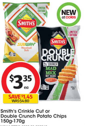 Coles Smith's Crinkle Cut or Double Crunch Potato Chips 150g-170g offer