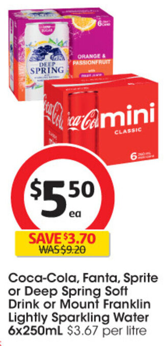 Coles Coca-Cola, Fanta, Sprite or Deep Spring Soft Drink Or Mount Franklin Lightly Sparkling Water 6x250ml offer