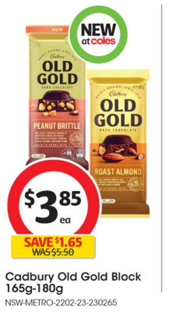 Coles Cadbury Old Gold Block 165g-180g offer