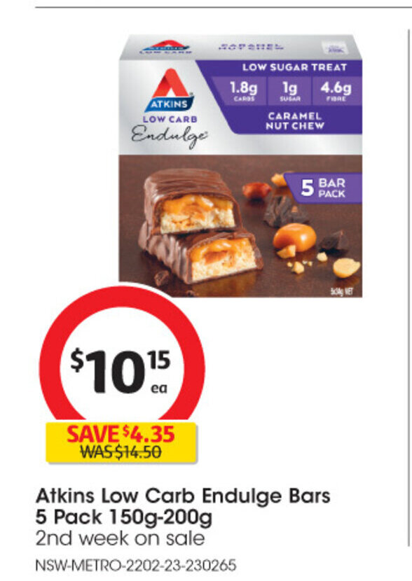Atkins Low Carb Endulge Bars 5 Pack 150g200g offer at Coles