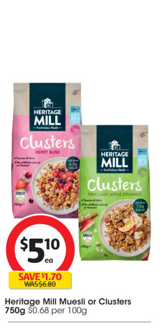 Coles Heritage Mill Muesli or Clusters 750g offer