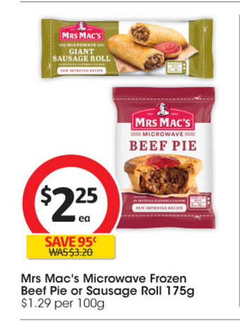Coles Mrs. Mac's Microwave Frozen Beef Pie or Sausage Roll 175g offer