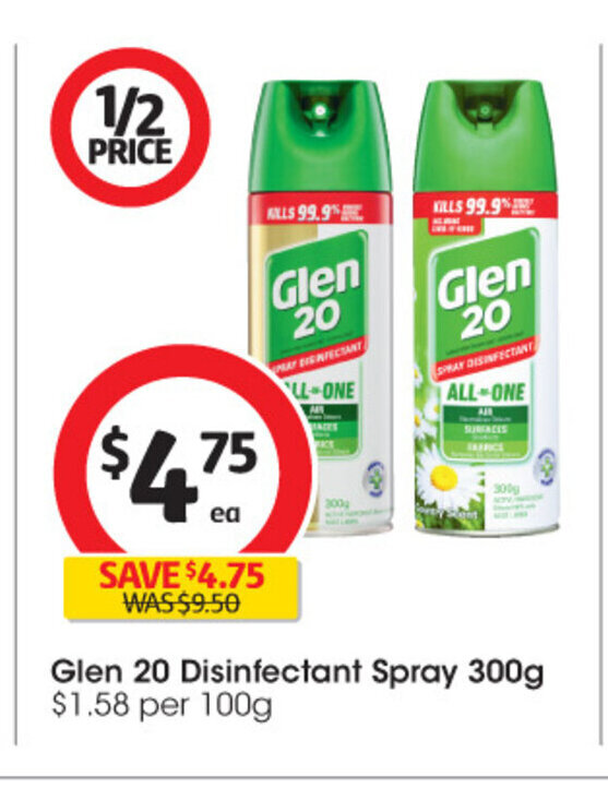 Glen 20 Disinfectant Spray 300g. offer at Coles