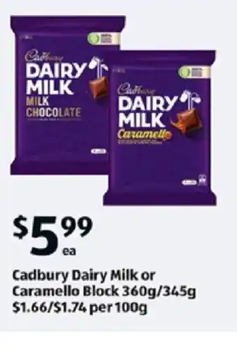 ALDI Cadbury Dairy Milk or Caramello Block 360g/345g offer
