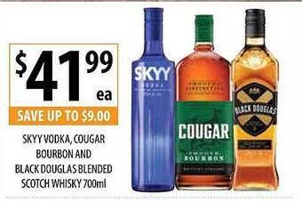 Supabarn Skyy vodka, cougar bourbon and black douglas blended scotch whisky offer