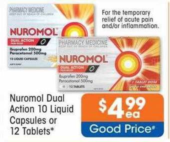 Good Price Pharmacy Nuromol dual action 10 liquid capsules or 12 tablets offer