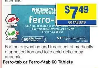 My Chemist Ferro-tab or ferro-f-tab 60 tablets offer