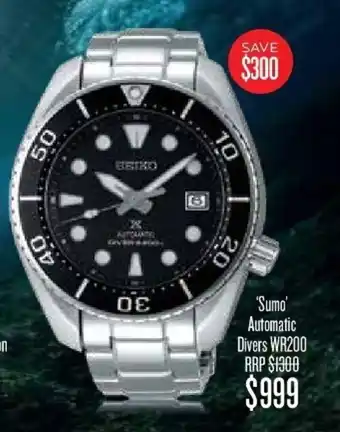 Shiels Sumo Automatic Divers WR200 RRP Seiko Watch offer