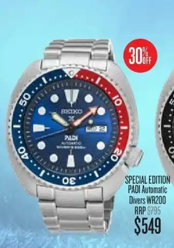 Shiels Special Edition Padi Automatic Divers WR100 RRP Seiko Watch offer