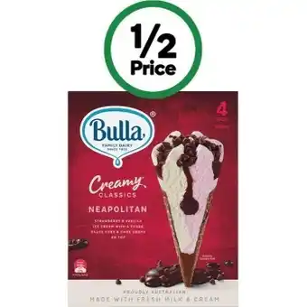 Woolworths Bulla creamy classic cones 520ml pk 4 – from the freezer offer