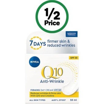 Woolworths Nivea q10 anti-wrinkle firming spf30 day cream face moisturiser 50ml^ offer