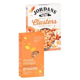 Coles Jordans granola or oat clusters 500g-750g or dorset granola or muesli 450g offer