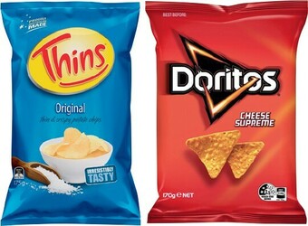 IGA Thins, Doritos, Smith’s Oven Baked Chips 130-175g or Assorted Multipack 5-6 Pack Selected Varieties offer