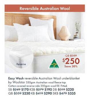 Pillow Talk Easy wash reversible australian wool underblanket by woolstar offer