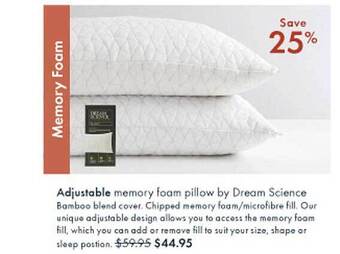 Pillow Talk Adjustable memory foam pillow by dream science offer