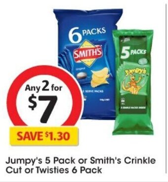 Coles Jumpy's 5 Pack or Smith's Crinkle Cut or Twisties 6 Pack offer
