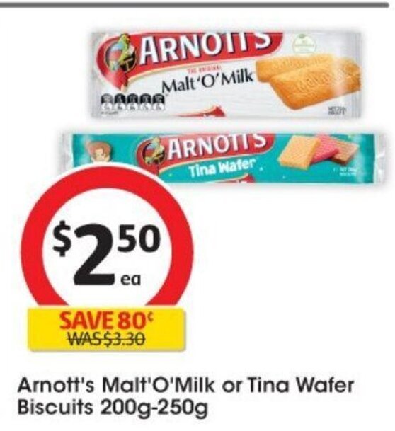 Arnott's Malt'O'Milk or Tina Water Biscuits 200g250g offer at Coles
