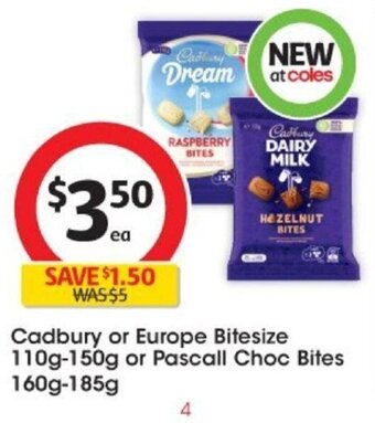 Coles Cadbury or Europe Bitesize 110-150g or Pascall Choc Bites 160-185g offer