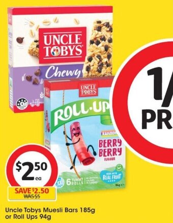 Uncle Tobys Muesli Bars 185g or Roll Ups 94g