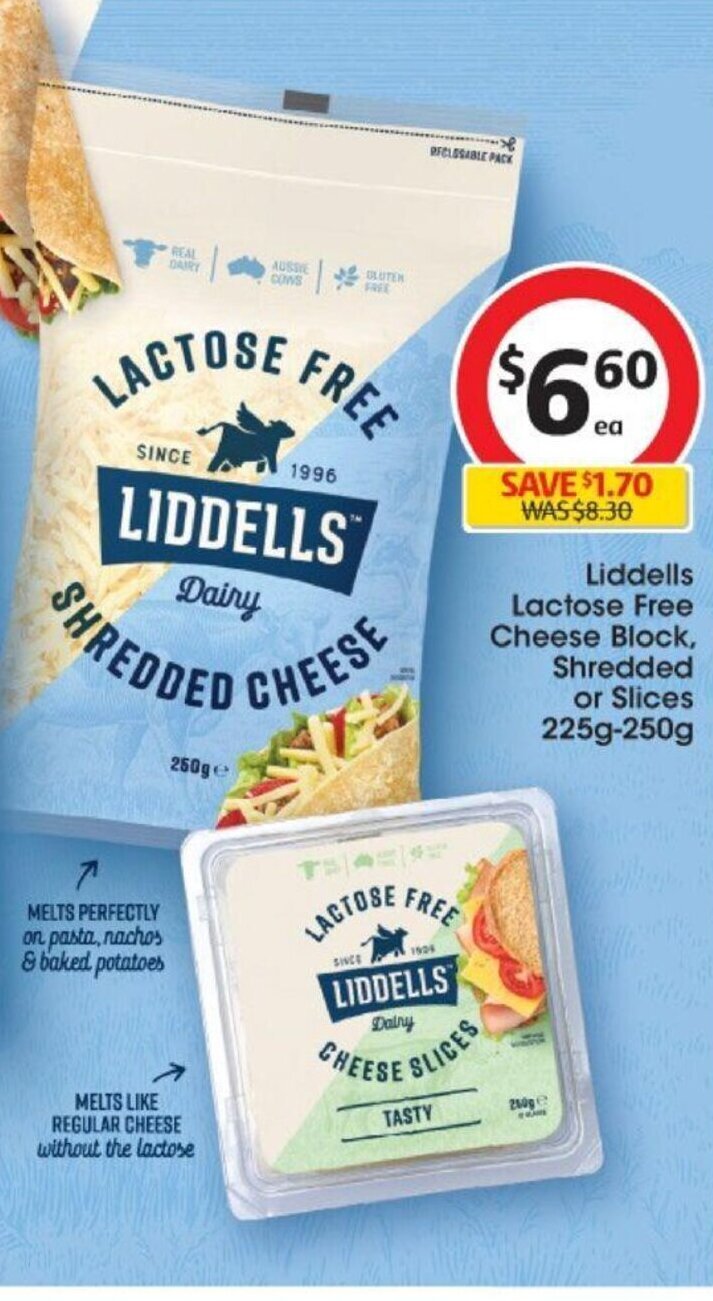 Liddells Lactose Free Cheese Block, Shredded or Slices 225250g offer