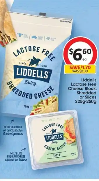 Coles Liddells Lactose Free Cheese Block, Shredded or Slices 225-250g offer