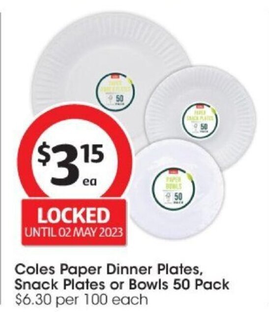 Coles Paper Dinner Plates, Snack Plates or Bowls 50 Pack offer at Coles