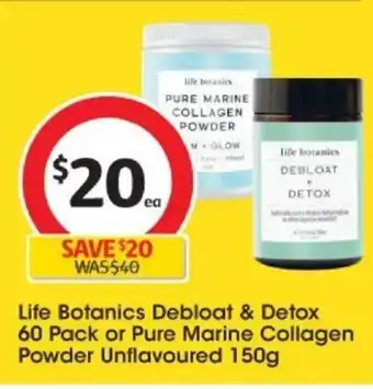 Coles Life Botanics Debloat & Detox 60 Pack or Pure Marine Collagen Powder Unflavoured 150g offer