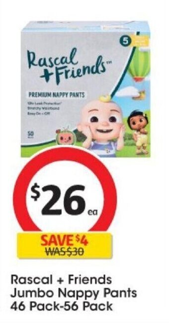 Coles Rascal + Friends Jumbo Nappy Pants 46 Pack 56 Pack offer
