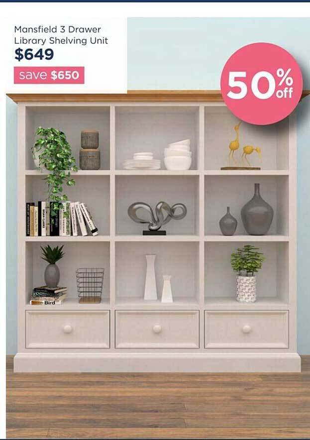 Mansfield 3 drawer library shelving unit offer at Early Settler